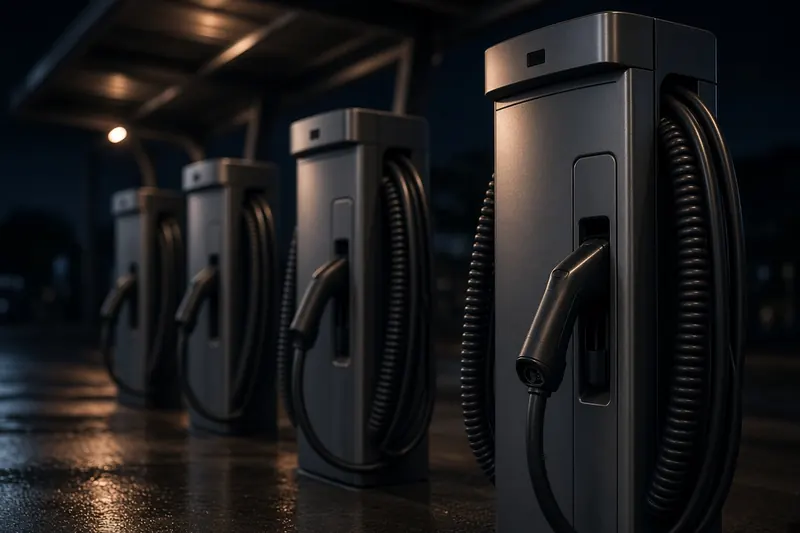 Row of fast chargers under a canopy at night
