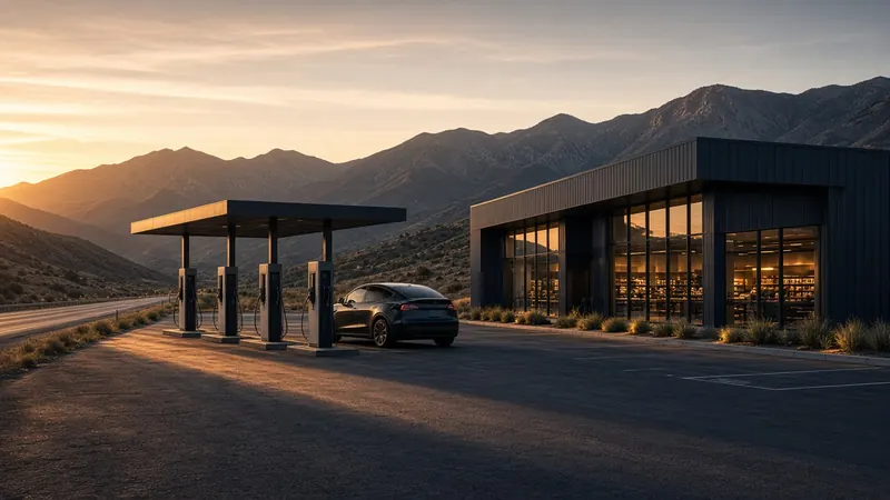 Travel center at sunset with a row of fast chargers
