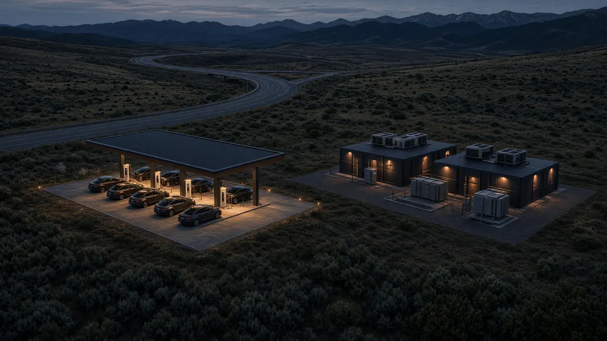Concept drawing of a charging station next to small computer buildings