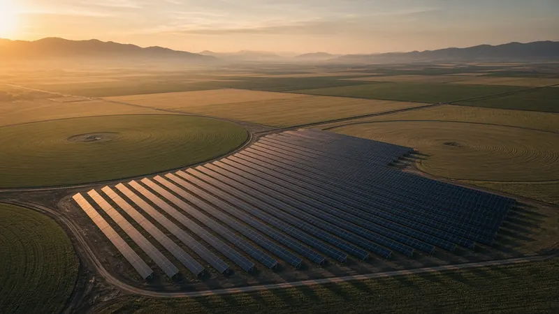 Solar panels on farmland at sunset